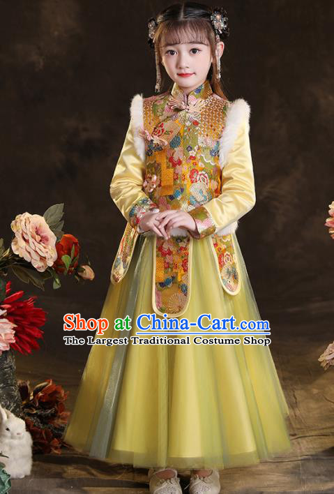 Chinese Children New Year Clothing Classical Dance Yellow Dress Winter Garment Costumes Ancient Princess Attire