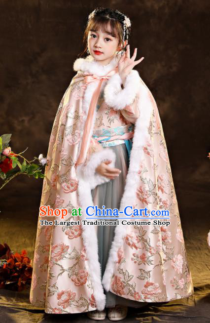 Chinese Ancient Princess Pink Long Cape Children New Year Clothing Classical Dance Costume Winter Embroidered Mantle