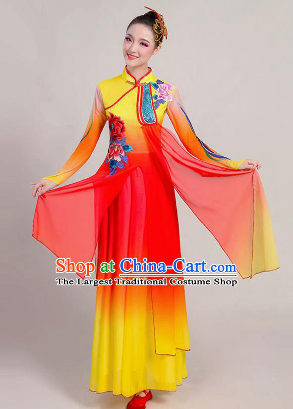 China Fan Dance Garment Costume Classical Dance Yellow Dress Stage Performance Chiffon Clothing Umbrella Dance Attires