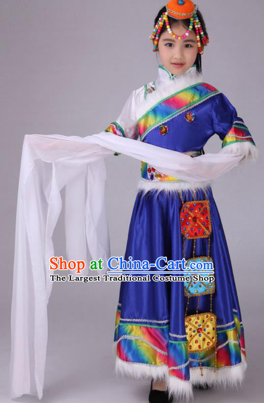 Chinese Zang Nationality Children Water Sleeve Outfits Ethnic Festival Costumes Tibetan Minority Folk Dance Royal Blue Dress Clothing