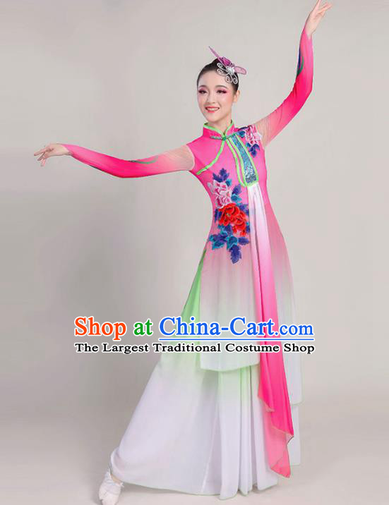 China Umbrella Dance Attires Fan Dance Garment Costume Classical Dance Dress Stage Performance Megenta Chiffon Clothing