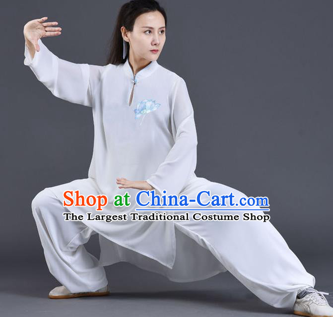 Chinese Traditional Shadow Boxing Embroidered Lotus Clothing Tai Chi Training Costumes Tai Ji Chuan Performance White Outfits