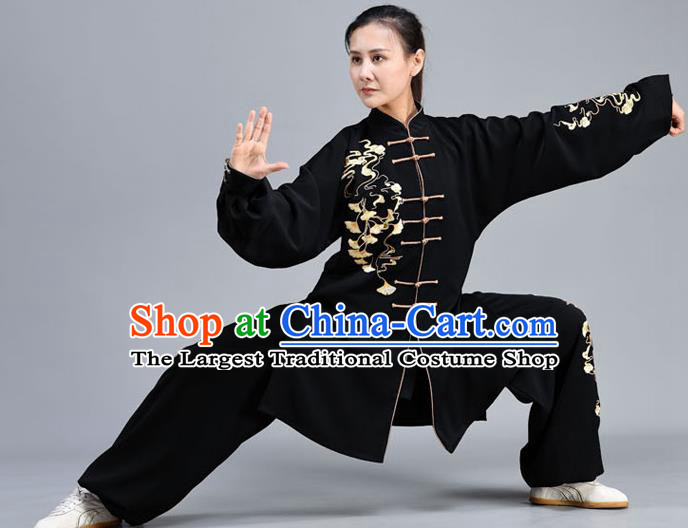 Chinese Tai Chi Performance Clothing Tai Ji Chuan Training Black Outfits Traditional Embroidered Ginkgo Leaf Shirt and Pants