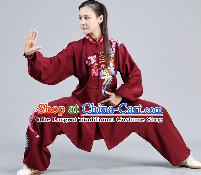 Chinese Tai Ji Chuan Training Maroon Outfits Traditional Embroidered Phoenix Shirt and Pants Tai Chi Kung Fu Clothing