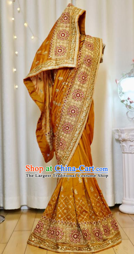 India Ginger Sari Asian Traditional Garment Costumes Indian Wedding Dress Bride Embroidered Clothing