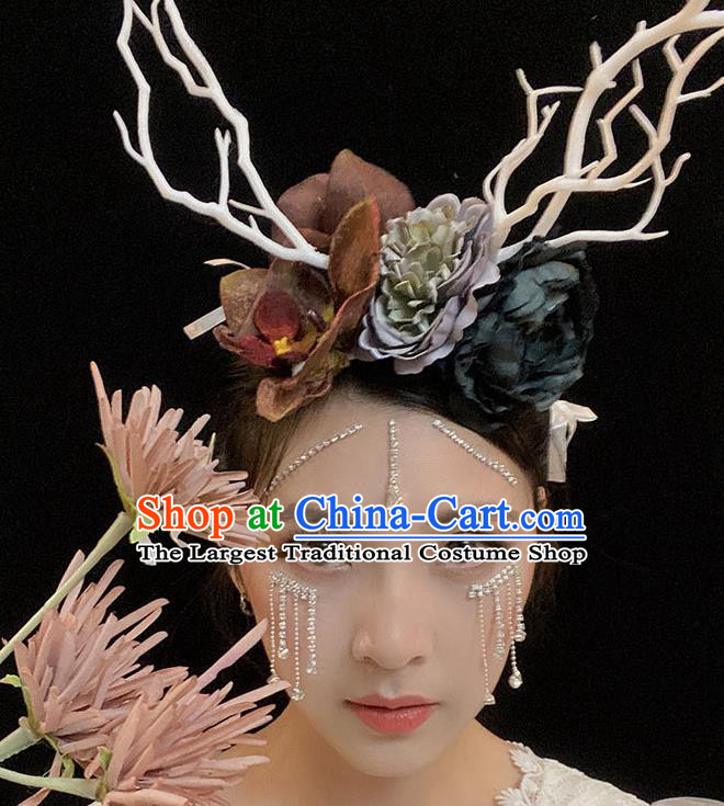 Handmade Branch Royal Crown Top Baroque Silk Flowers Headdress Party Headwear