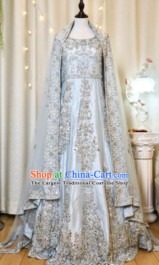 Top Embroidered Light Blue Lengha Outfit India Bride Clothing Traditional Garment Costumes Indian Wedding Dress