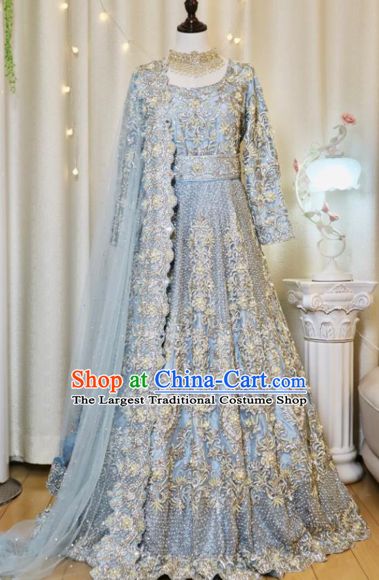 Indian Wedding Dress  Top Embroidered Light Blue Lengha Outfit India Bride Clothing Traditional Garment Costumes