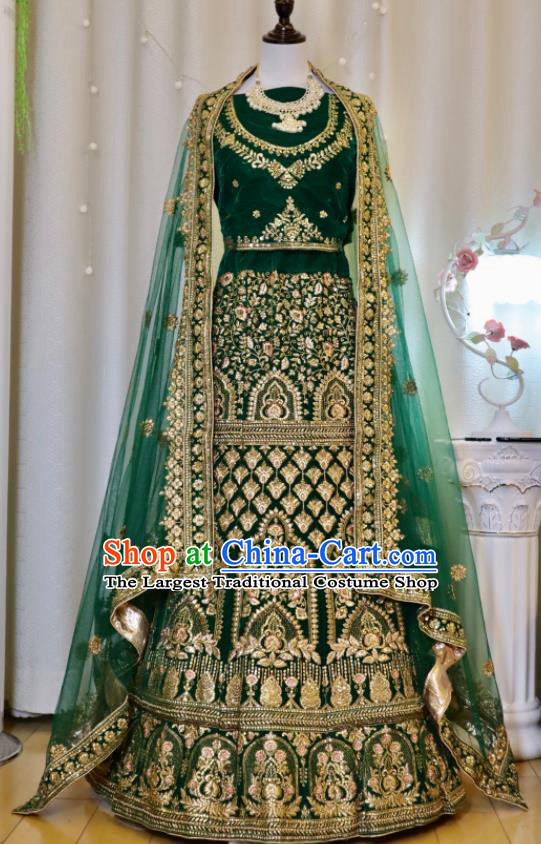 India Traditional Lengha Garment Wedding Dress Asian Embroidered Deep Green Outfit Top Indian Clothing