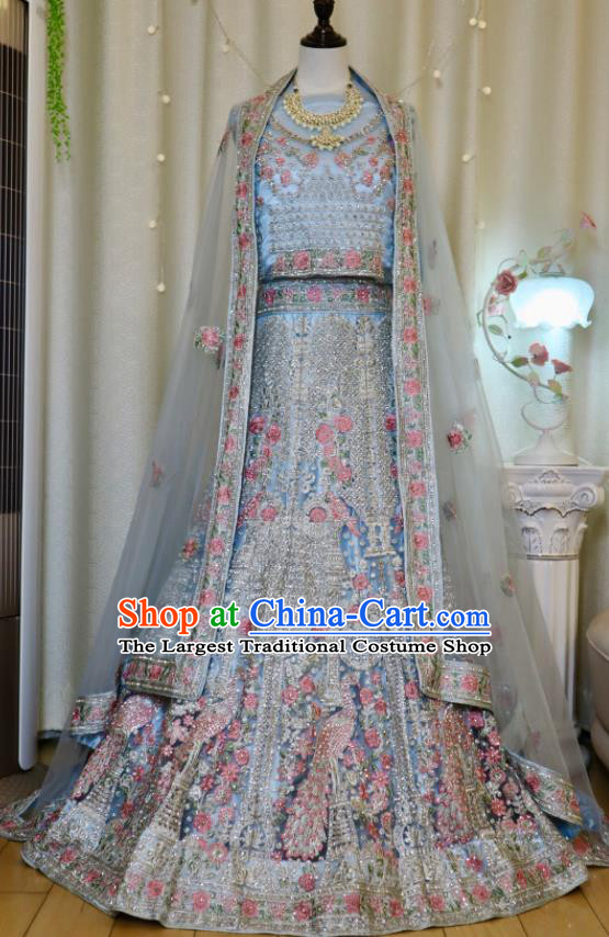 India Traditional Lengha Garment Top Embroidered Blue Dress Outfit Indian Wedding Clothing