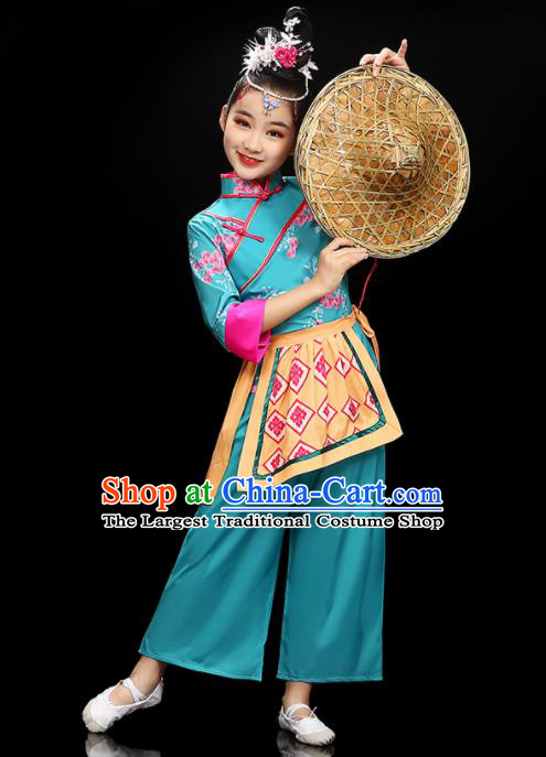 Chinese Children Folk Dance Clothing Group Dance Garment Costume Fan Dance Blue Uniform Traditional Tea Leaf Picking Dancewear