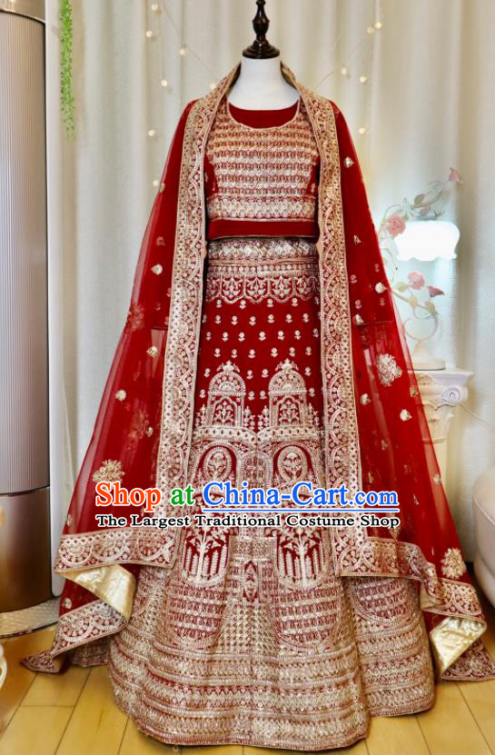 Top India Clothing Indian Bride Lengha Garment Embroidered Red Outfit Traditional Wedding Dress