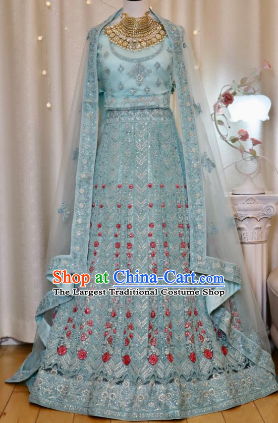 Top Embroidered Blue Outfit Traditional Wedding Dress India Clothing Indian Bride Lengha Garment