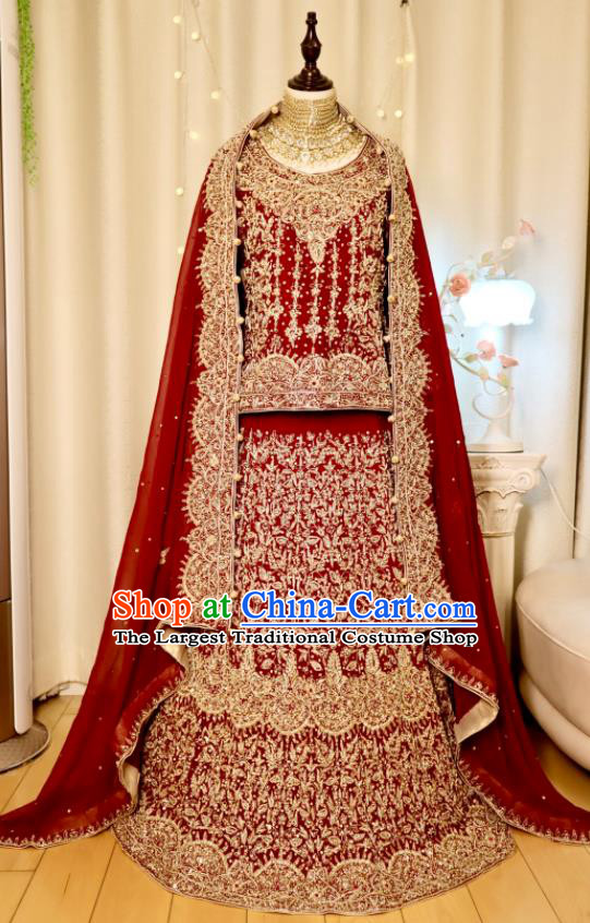 India Clothing Indian Bride Lengha Garment Top Embroidered Beads Red Outfit Traditional Wedding Dress