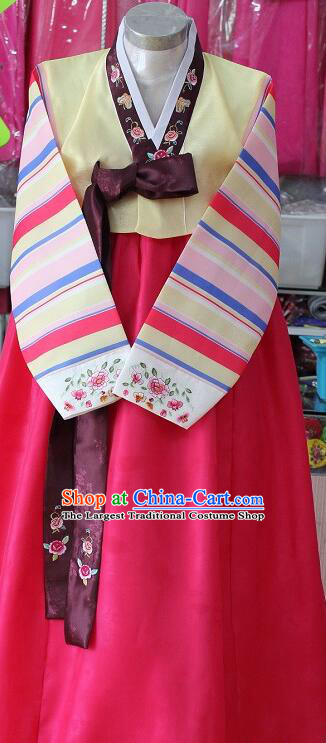 Korean Festival Garment Costumes Traditional Clothing Korea Stripes Hanbok Women Yellow Blouse and Megenta Dress