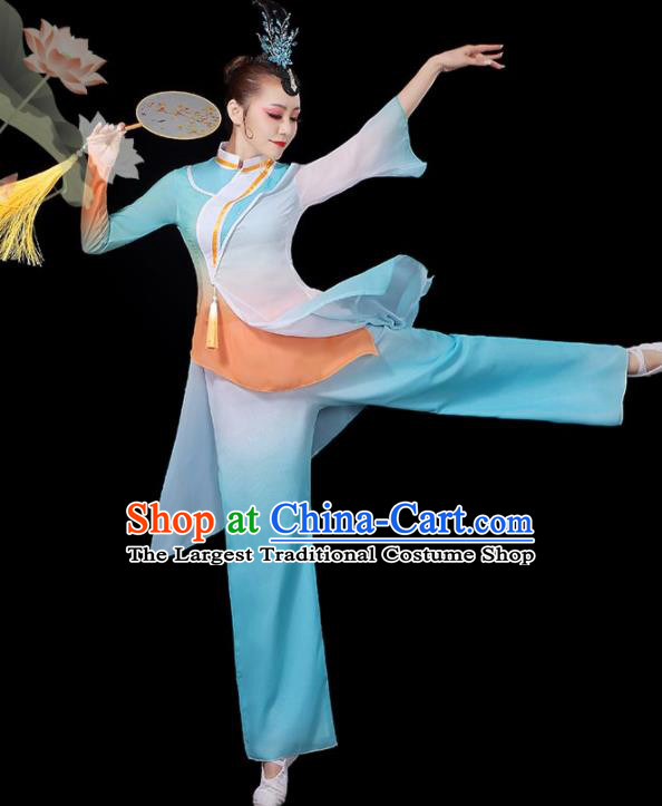 Chinese Classical Dance Clothing Fan Dance Costumes Women Solo Dance Blue Outfit