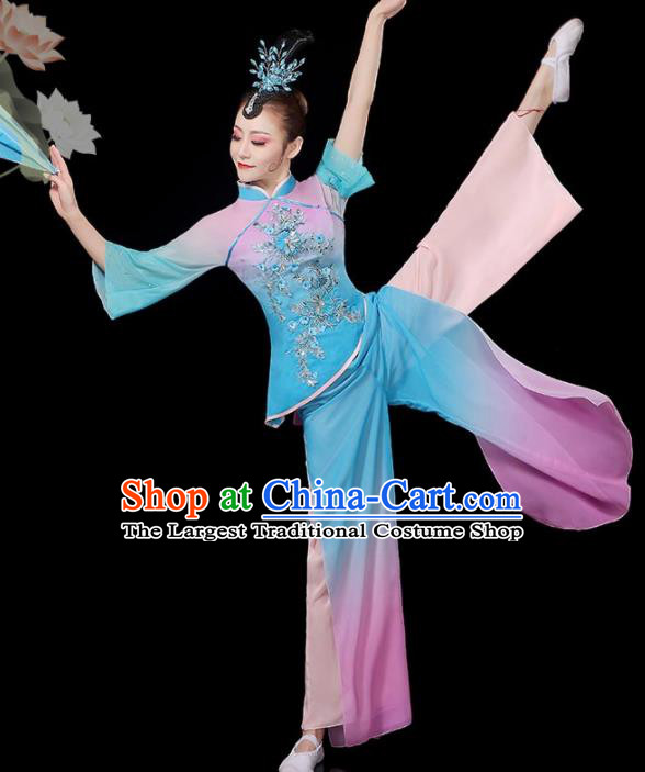 Chinese Folk Dance Garment Women Fan Dance Blue Outfit Yangko Dance Clothing Umbrella Dance Costumes