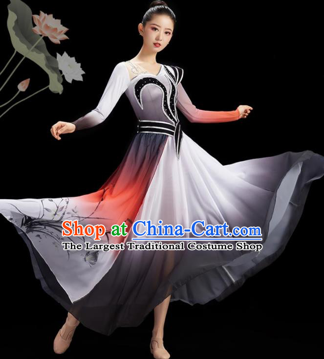 Chinese Classical Dance Costumes Ink Painting Orchids Garment Women Umbrella Dance Grey Dress Fairy Dance Clothing