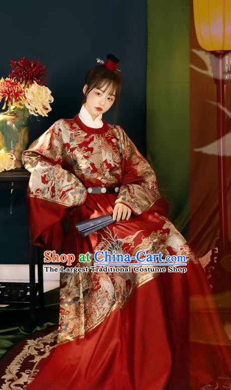 Chinese Ming Dynasty Garment Costumes Ancient Queen Clothing Traditional Hanfu Red Brocade Robe for Women