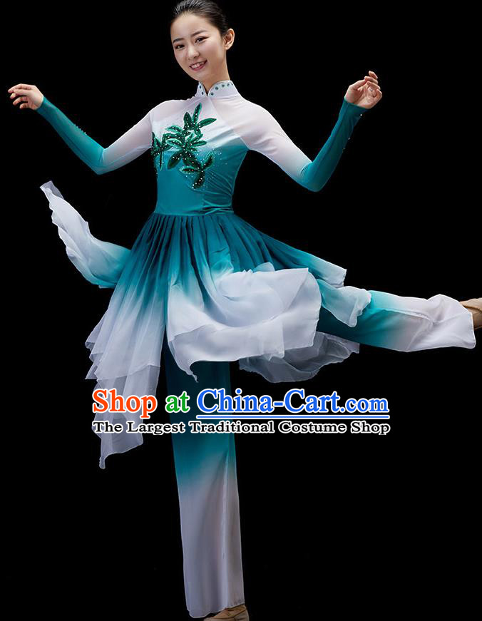 Chinese Yangko Dance Garment Umbrella Dance Clothing Women Group Dance Costume Folk Dance Blue Outfit