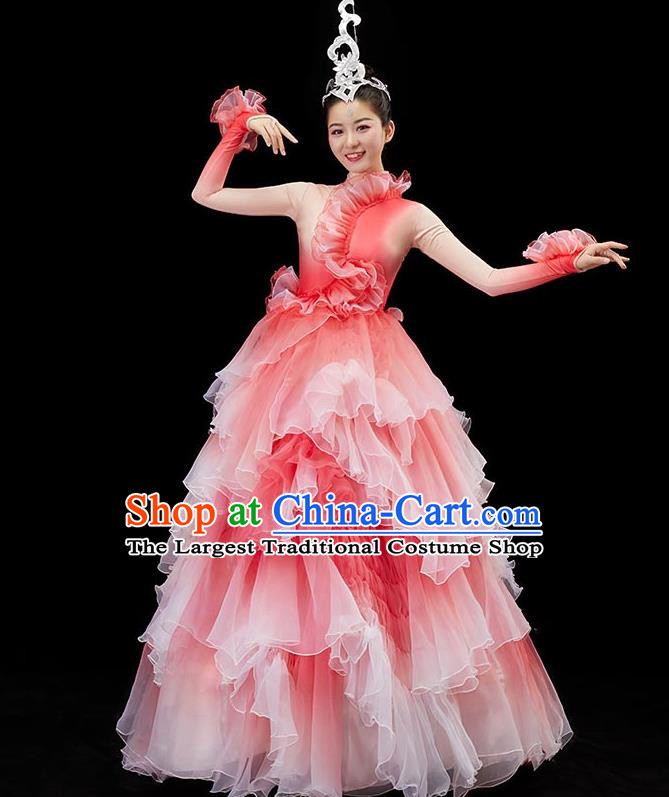 Chinese Modern Dance Pink Dress Flower Dance Garment Opening Dance Clothing Women Group Dance Costume