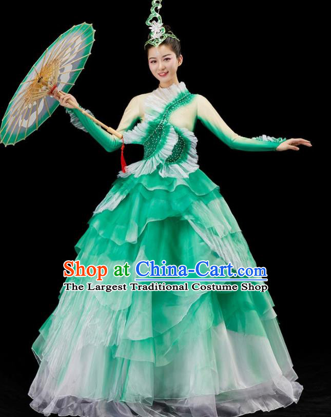 Chinese Women Group Dance Costume Modern Dance Green Dress Flower Dance Garment Opening Dance Clothing