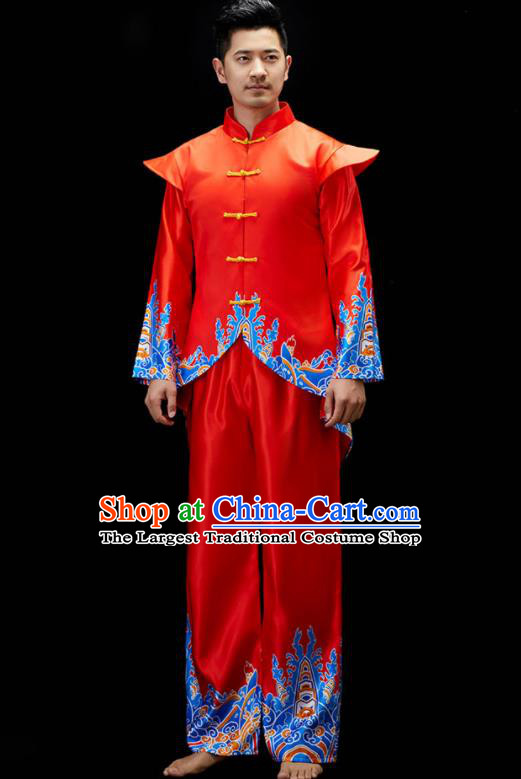 Chinese Drum Dance Clothing Men Folk Dance Costume Fan Dance Red Outfit Yangko Dance Garments