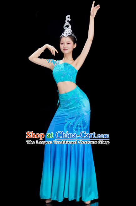 China Stage Performance Clothing Yunan Women Garments Ethnic Peacock Dance Costumes Dai Nationality Pavane Blue Dress Outfit