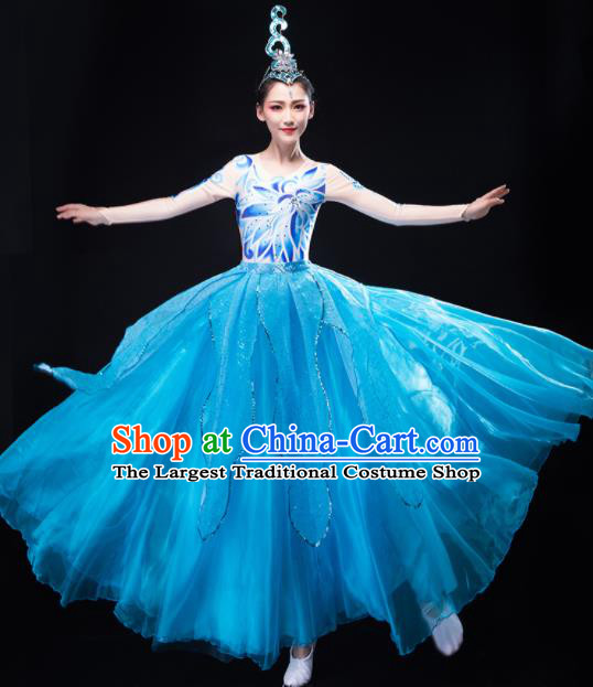 Chinese Stage Performance Blue Dress Opening Dance Clothing Women Group Dance Garment Modern Dance Costume