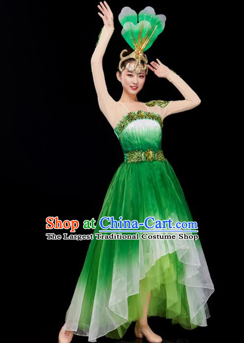 Chinese Modern Dance Clothing Women Group Dance Garment Opening Dance Costume Stage Performance Green Dress and Headpiece