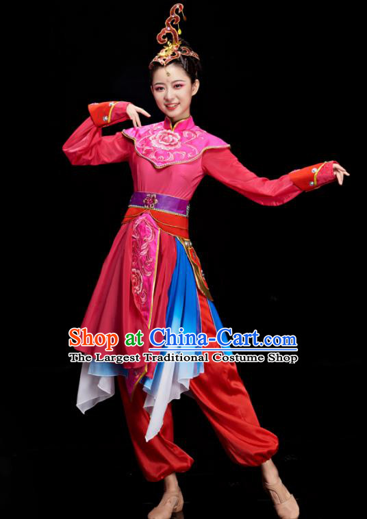 Chinese Stage Performance Megenta Outfit Drum Dance Clothing Women Group Dance Garment Classical Dance Costumes