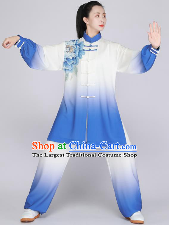 Top Tai Chi Outfit Chinese Kung Fu Costumes Tai Ji Training Blue Uniform Printing Peony Clothing