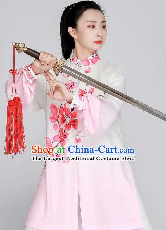 Chinese Kung Fu Costumes Tai Ji Competition Uniform Printing Peach Blossom Gradient Pink Outfit Tai Chi Training Outfit