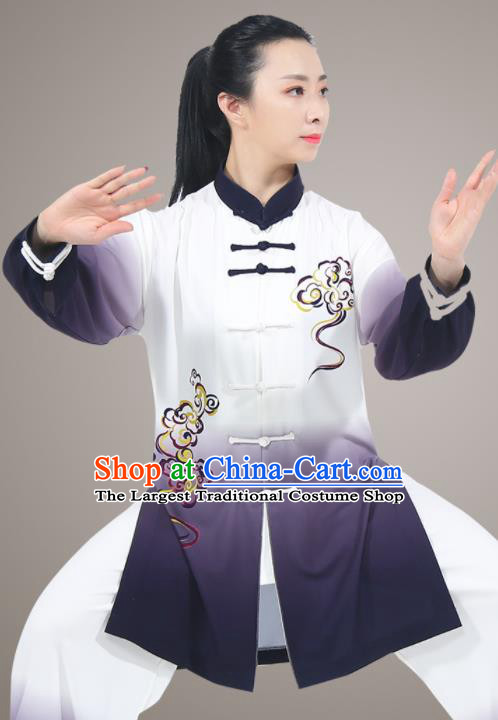 Chinese Traditional Kung Fu Costumes Top Tai Ji Training Uniform Martial Arts Competition Clothing Tai Chi Printing Clouds Navy Outfit