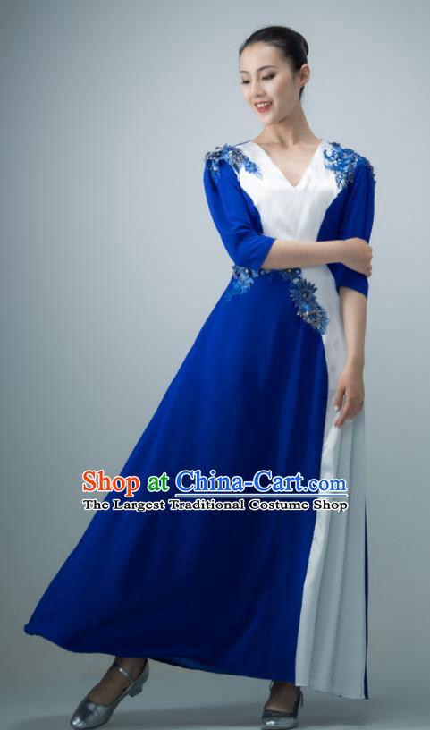 Chinese Women Compere Garment Chorus Group Performance Costume Modern Dance Royal Blue Dress Opening Dance Clothing