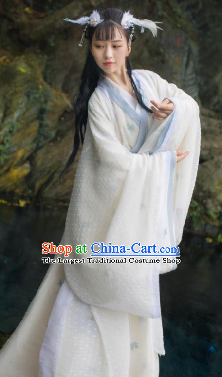 Chinese Traditional Hanfu White Straight Front Robe Clothing Ancient Fairy Dress Garments Jin Dynasty Historical Costumes