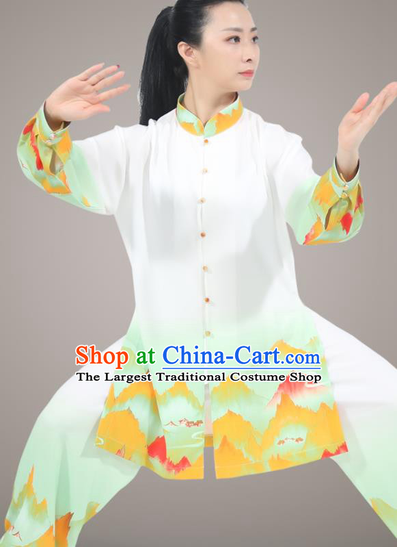 Chinese Tai Ji Competition Light Green Uniform Printing Landscape Outfit Tai Chi Training Outfit Traditional Kung Fu Costumes