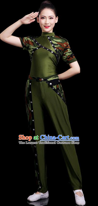 Chinese Female Soldier Dance Costume Modern Dance Green Suit Stage Performance Clothing