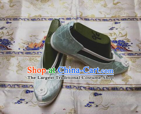 Chinese Handmade Shoes Ancient Princess Shoes Tang Dynasty Hanfu Shoes Traditional Light Blue Satin Boots