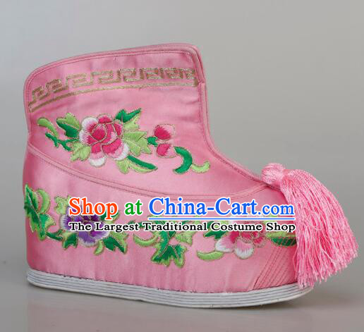 Chinese Traditional Opera Pink Satin Boots Handmade Shoes Ancient Princess Shoes Embroidered Hanfu Boots