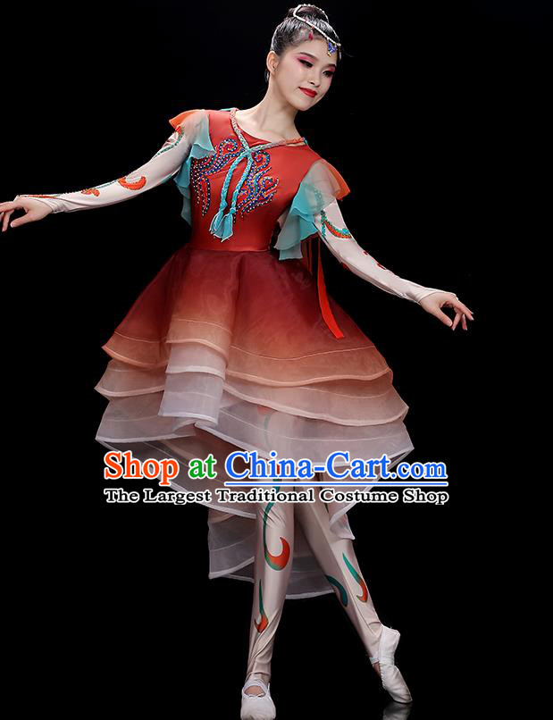 China Stage Performance Garments Modern Dance Clothing Opening Dance Red Dress Outfit Umbrella Dance Costumes