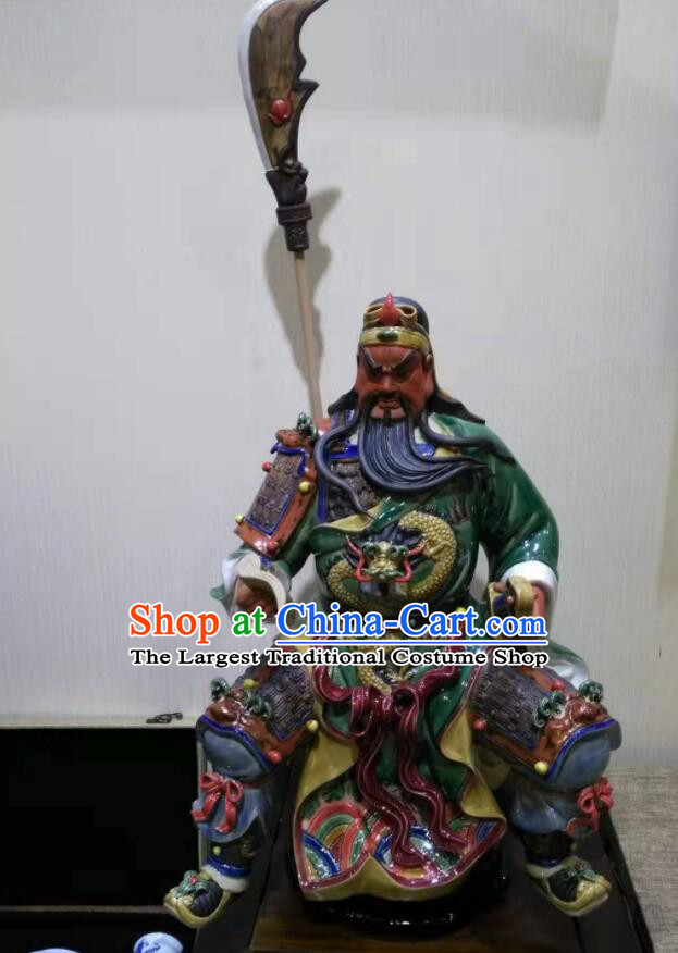 Handmade Guan Gong Night Reading Sculpture Chinese Shi Wan Ceramic Figurine Guan Yu Porcelain Statue Arts