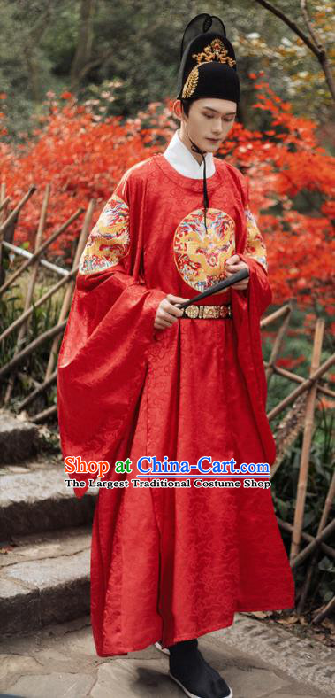 Chinese Ming Dynasty Historical Costumes Ancient Wedding Groom Red Robe Hanfu Clothing