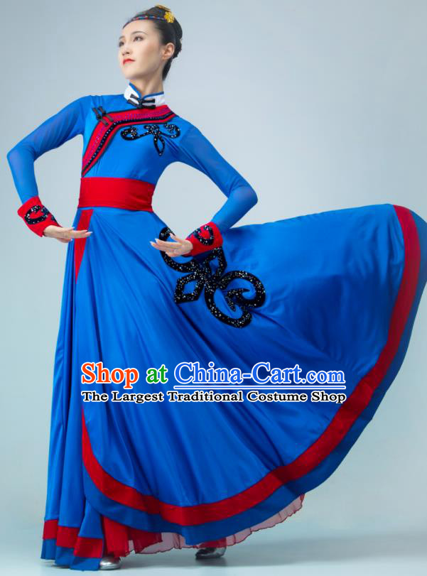 Chinese Mongol Nationality Dance Costume Mongolian Dance Deep Blue Dress Stage Performance Garment Woman Dance Clothing