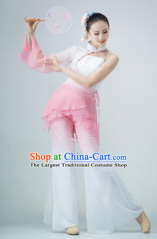 Chinese Yangko Performance Costume Fan Dance Pink Outfit Women Group Garments Folk Dance Clothing