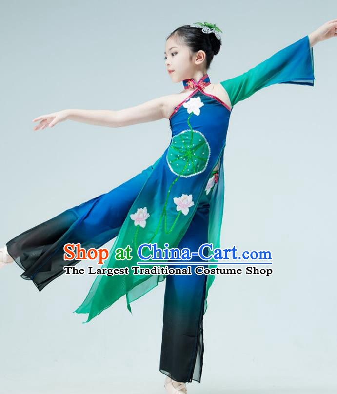 Chinese Stage Performance Costume Children Umbrella Dance Green Dress Lotus Dance Garment Classical Dance Clothing