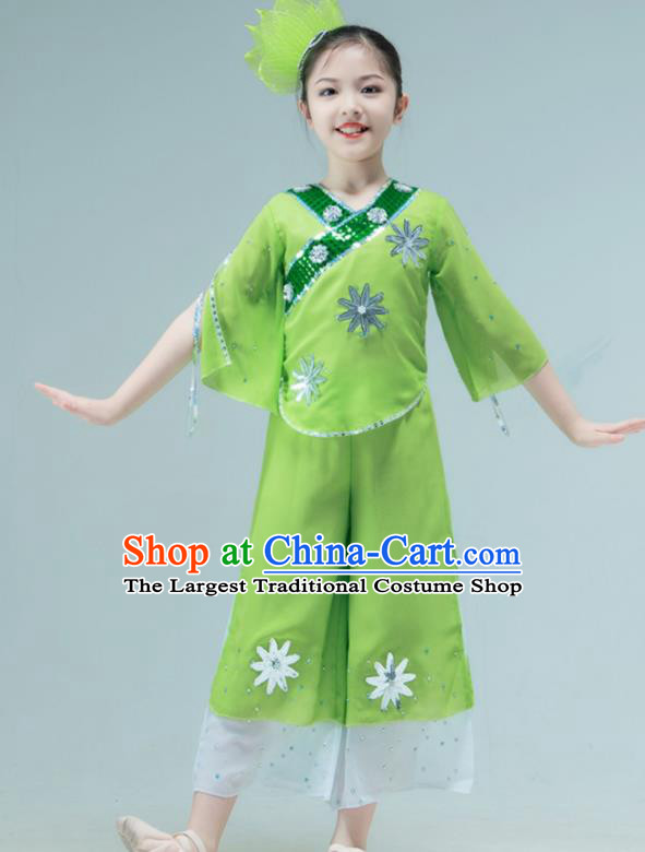 Chinese Folk Dance Clothing Stage Performance Costume Children Yangko Dance Green Outfit Fan Dance Garment