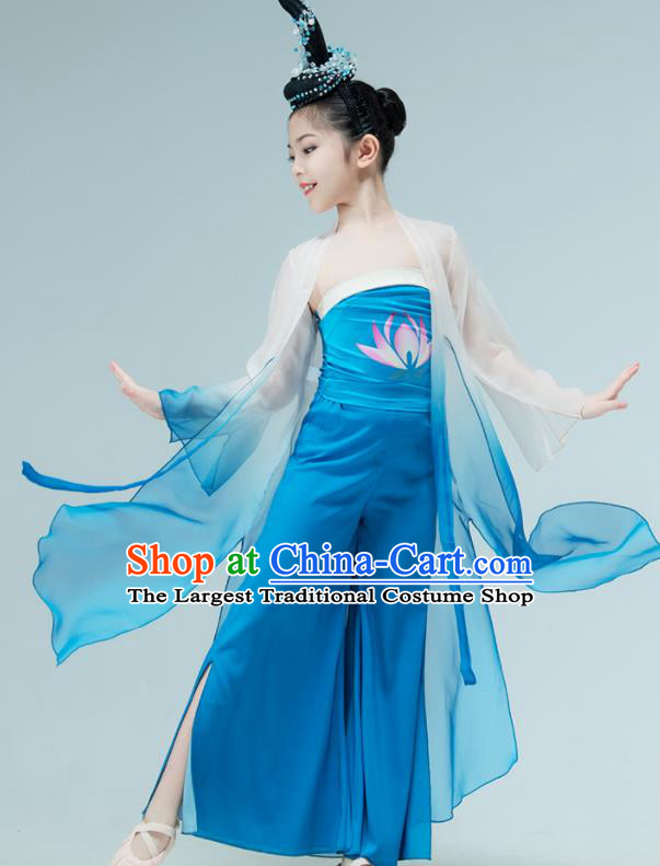 Chinese Stage Performance Costume Classical Dance Blue Outfit Children Fan Dance Garments Lotus Dance Clothing