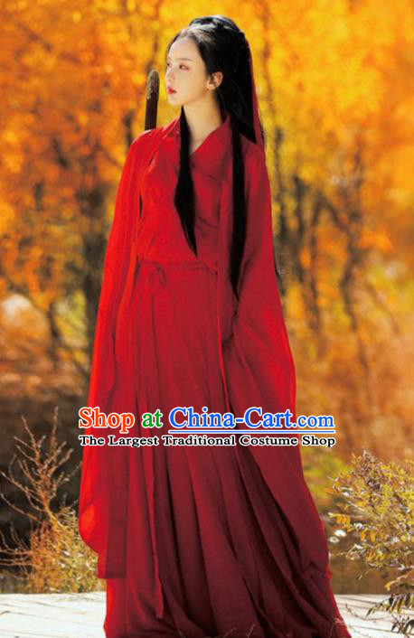 Chinese Jin Dynasty Swordswoman Clothing Ancient Female Knight Costume Traditional Red Hanfu Dress