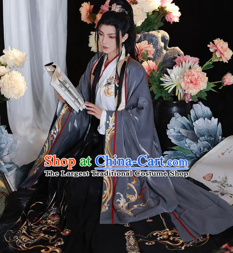 Jin Dynasty Young Childe Garment Costumes Chinese Ancient Prince Clothing Embroidered Hanfu Grey Outfits Complete Set